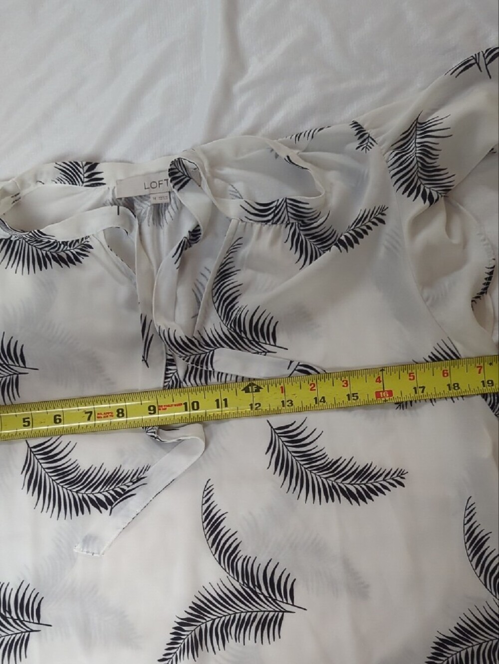 LOFT White Blouse with Black Palm Leaf Print and Tie V-Neck - Picture 7 of 9